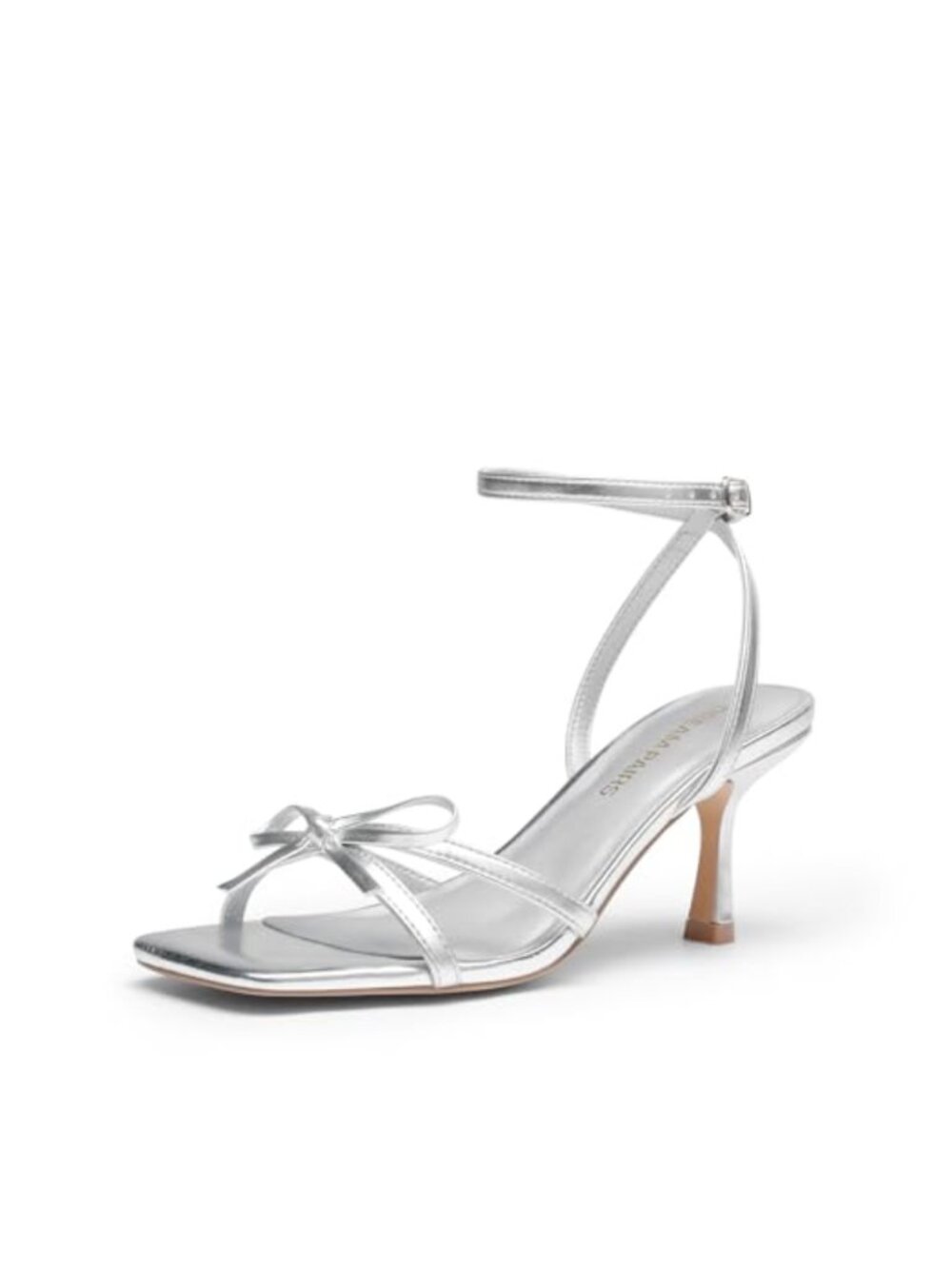 Women Kitten Heel Strappy Bow Sandals Square Toe Faux Leather Ankle Strap
